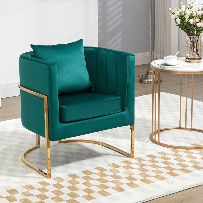 Velvet Modern Accent Chair, Upholstered Barrel Armchair Mid Century with Pillow for Living Room, Comfy Single Vnaity Chair with Metal Gold Legs for Bedroom, Green