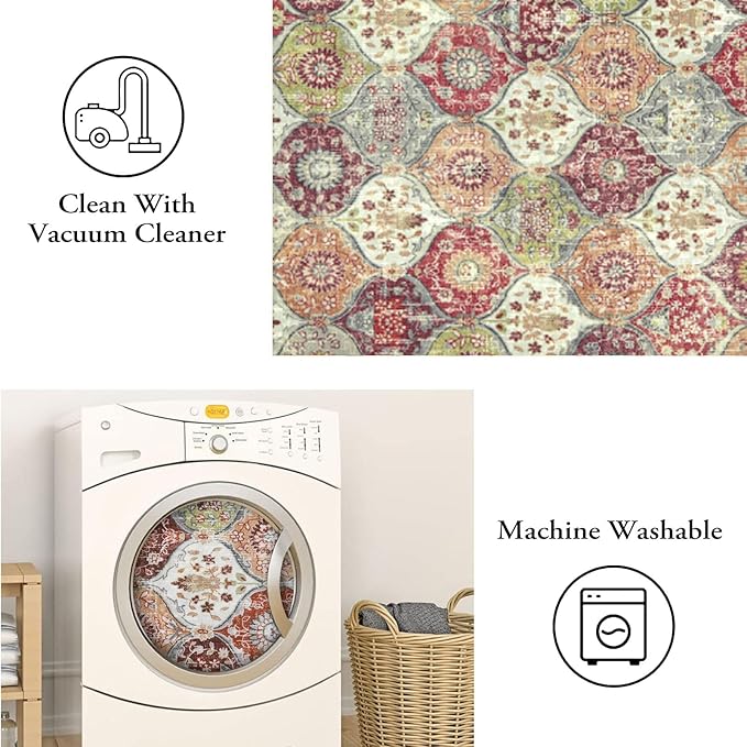 Lahome Moroccan Trellis Round Area Rugs, Washable Small Round Rug 3ft Non-Slip, Soft Vintage Ultra-Thin Circle Carpet for Bedroom Entryway Kitchen Laundry Bathroom, Orange/Terracotta