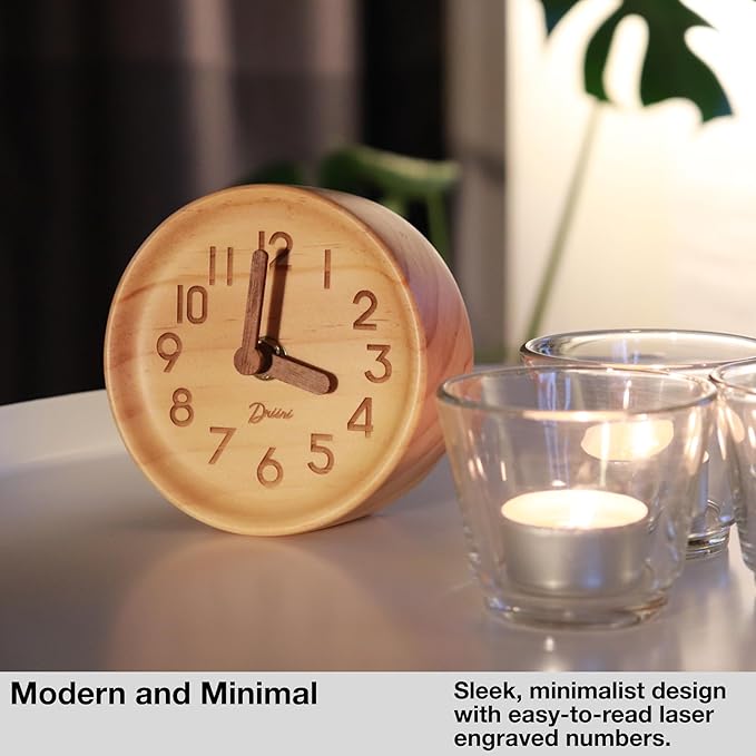 Driini Wooden Analog Desktop Clock – 4.3 in. Decorative Pinewood, No-Tick Design – Easy to Read Silent Sweep Mantle Clock – Quiet Tabletop Clocks with Wood Body, Hands, & Battery Cover; Light