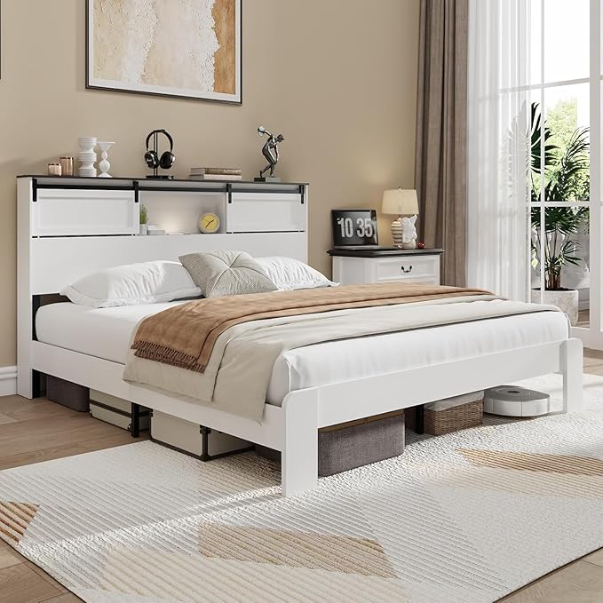 King Wood Bed Frame, Sliding Barn Door Storage Headboard with LED Lights and Charging Station, Farmhouse Wood Platform Bed with Metal Slat Supports, No Box Spring Required, Noiseless, White