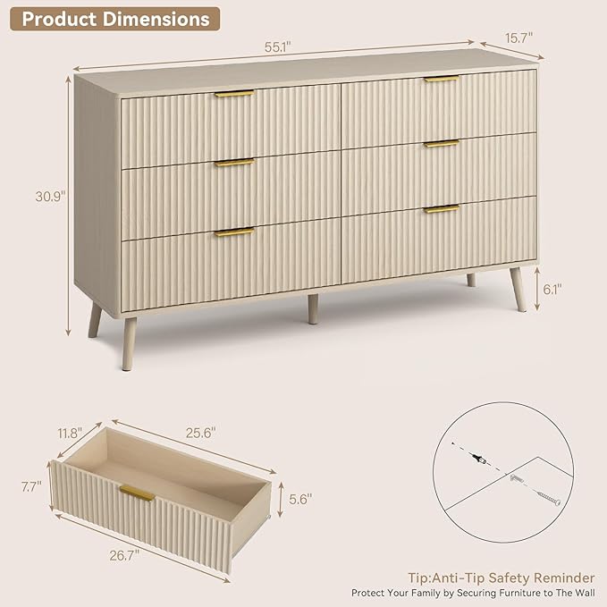 CARPETNAL Fluted 6 Drawer Dresser for Bedroom, 55" Wide Wooden Chest of Drawers with Rounded Corners, Gold Handles, Modern Storage Organizer for Bedroom, Hallway(Beige)