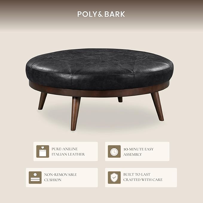 POLY & BARK Gio Ottoman – 30” Round with Feather-Down Topper – Full-Grain Leather Upholstery – Couch Ottoman for Living Room – Italian Leather in Onyx Black