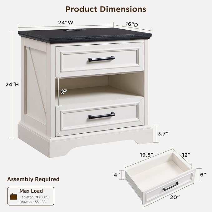 ACCOHOHO 24" Farmhouse Nightstand Set of 2 with Charging Station, 2 Drawers Large Bedside Table with Open Shelf, Rustic End Table for Bedroom - White