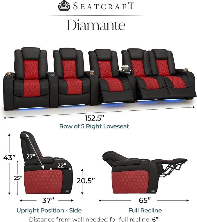 Seatcraft Diamante Zero-Gravity CoolZero Italian Leather Home Theater Seating, Power Headrest, Power Recline, Row of 5 Right Loveseat, Black/Red
