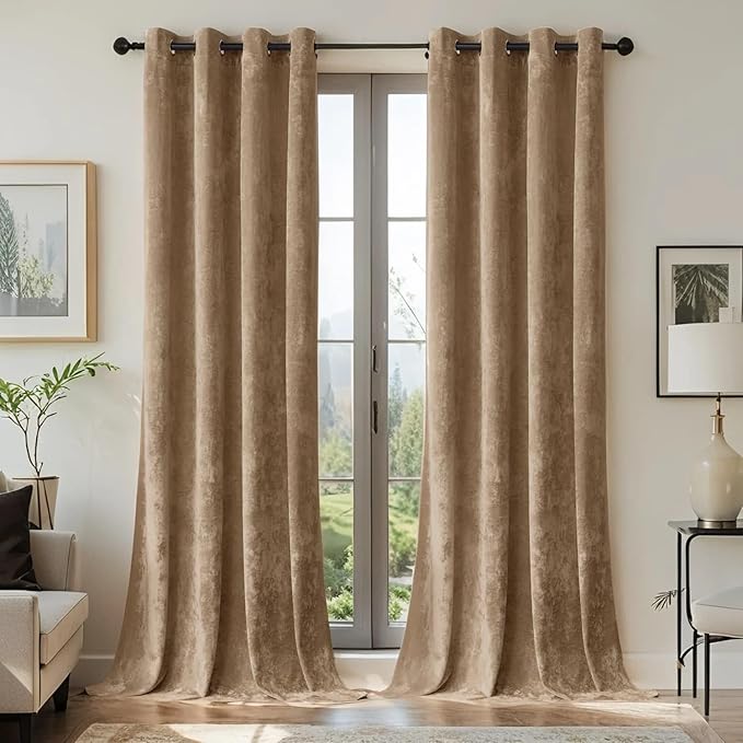 SMILETIME Amber Beige Crushed Velvet Curtains 52x96 inch Luxurious Thermal Insulated Soundproof Drapes for Living Room Bedroom Office Soft and Durable Light-Filtering Window Treatments, 2 Panels
