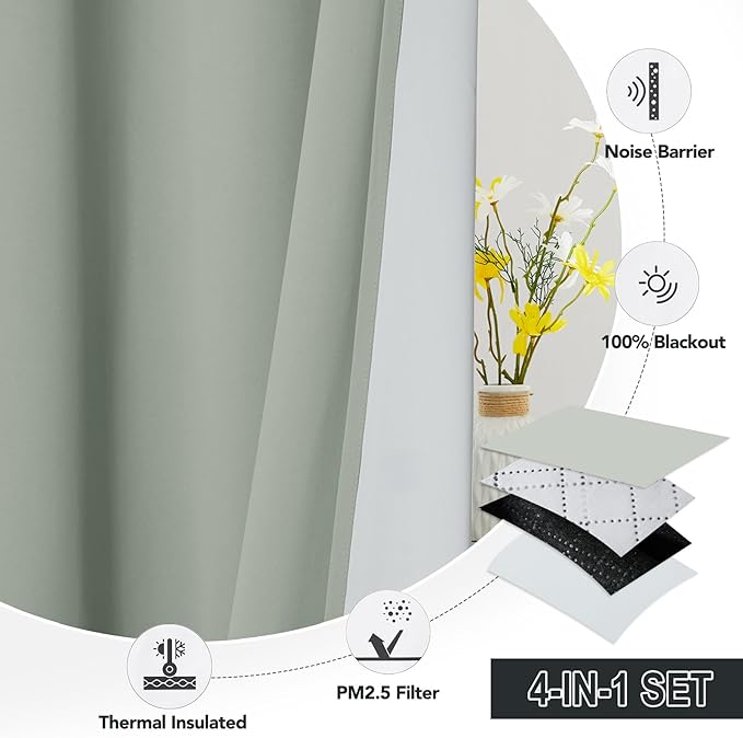 RYB HOME 4-in-1 Dust Filtering Soundproof Blackout Insulating Privacy Window Curtains for Nursery Bedroom Living Room Rivider Sound Absorption Sheet, Sage Green, W52 x L84 inch, 2 Panels