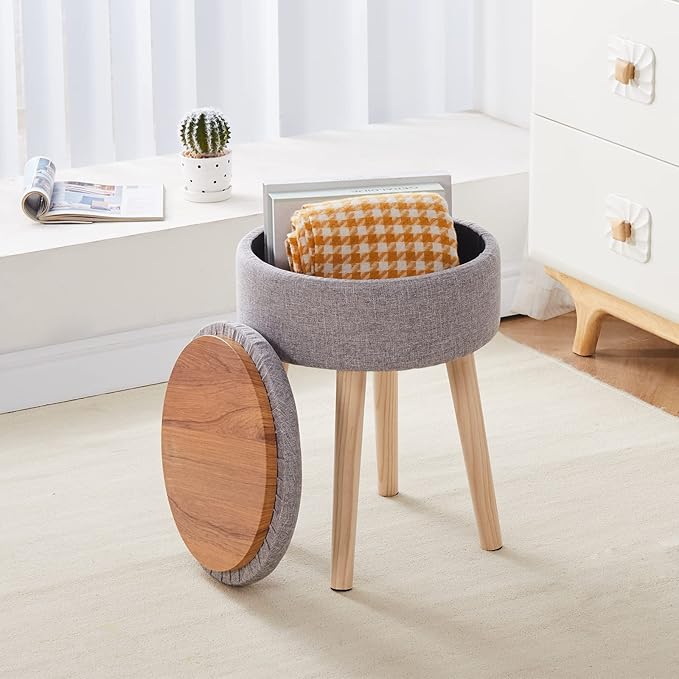 Mxfurhawa Storage Ottoman Linen Round Vanity Stool Tray Top Modern Foot Stool with Wood Legs Multifunctional Upholstered Foot Ottoman Rest for Living Room, Bathroom, Makeup (Grey)