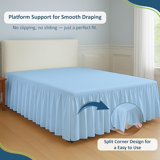 Rajlinen Ruffled Bed Skirt Queen, 8 Inch Drop Dust Ruffle with Split Corners, 100% Microfiber Bedskirt with Platform, Three-Sided Coverage Ruffled Gathering Design, Light Blue