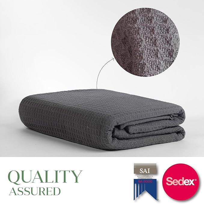 Salt Earth Organic Cotton Throw Blanket, Queen, 90"X92" Waffle Throws for Home, Bedrooms, Outdoor & Office Couch, Modern Room Decor Blankets, Lightweight, All Season Western Blanket (Charcoal Grey)