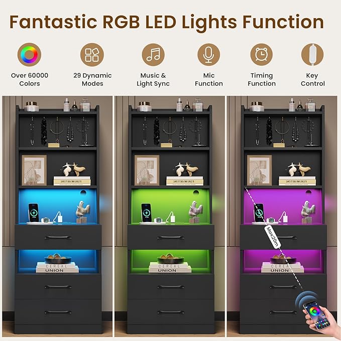 VIAGDO Tall Nightstand Set of 2 with Charging Station and LED Lights, Black Night Stand Set 2 with Bookshelf, Modern LED Bedside Tables with 3 Drawers and Storage Shelves, Side Tables for Bedrooms