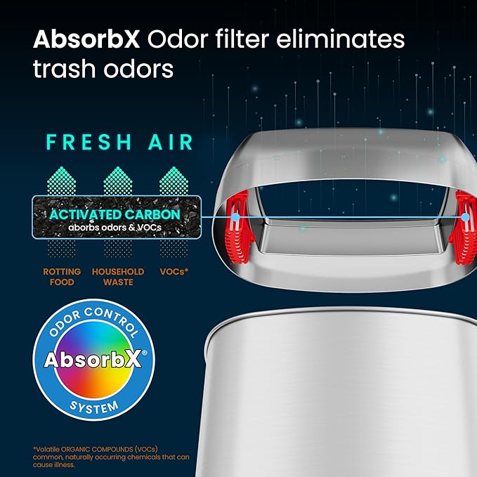 iTouchless 13 Gallon / 50L Open Top Trash Can, Oval Stainless Steel with Double AbsorbX Odor Filters – Fingerprint-Resistant Modern Kitchen and Office Waste Bin for Hassle-Free Disposal