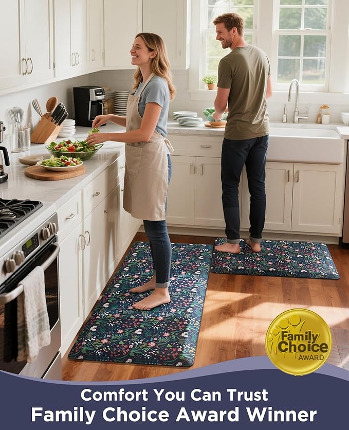 Ophanie Kitchen Mats for Floor, 3/4 inch Thick, 20x32 Anti Fatigue Cushioned Mat, Kitchen Rugs, Waterproof, Comfort Ergonomic Standing Mat for Office, Home, Sink, Blue Flower Non-Slip Ridged Bottom