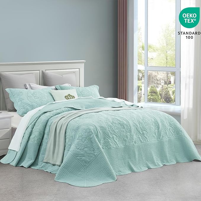 CHIXIN Bedspread Coverlet Set Queen Size - Lightweight Bedding Cover - Beautiful Stitching - 5 Piece Reversible Bedspread - Gorgeous Damask Paisley Pattern (Queen, Seaglass)
