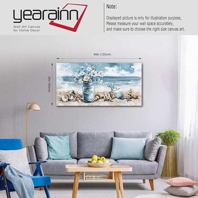 yearainn Coastal Canvas Wall Art - Rustic Jar Flowers Pictures Wall Decor Seashells Seaside Painting Artwork Ocean Landscape Prints for Living Room Bedroom Office Home Decor Ready to Hang 48" x 24"