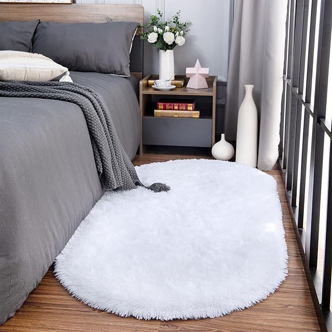 Noahas Fluffy White Rugs for Bedroom Living Room,2'X5' Oval Throw Rug for Kids Room,Shag Hallway Runner Rug,Small Soft Shaggy Bedside Non-Slip Plush Nursery Dorm Carpet Home Decor Aesthetic