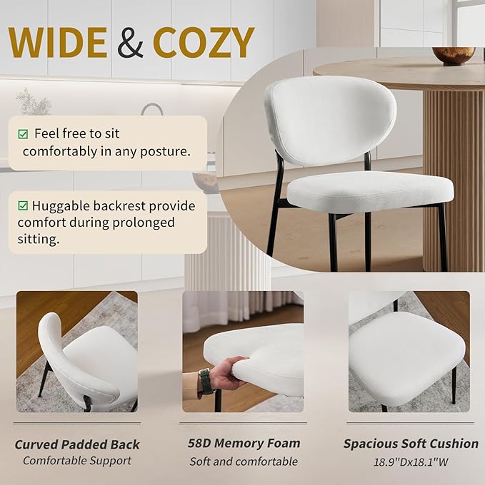 Upholstered Dining Room Chairs Set of 6 Modern Chenille Diner Chairs with 58D Memory Foam Thick Cushion Comfy Armless Kitchen Chair with Sturdy Metal Legs for Dining Table/Vanity White