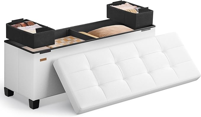 SONGMICS Storage Ottoman, Storage Bench with Legs, 15 x 43.3 x 15.7 Inches, Ottoman Bench, 30 Gal. (112 L), Synthetic Leather, for Living Room, Entryway, Cloud White ULSF0514W02