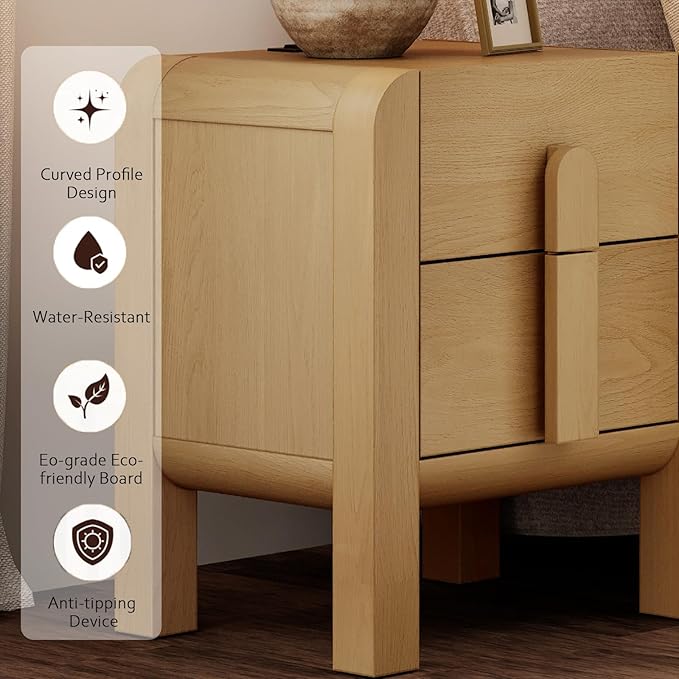 WAMPAT 23.7" Tall Modern Nightstand with Charging Station,Wood Bedside Table w/2 Storage Drawers,Curved Profile Design,Sofa Side Table End Table for Bedroom, Living Room, Oak