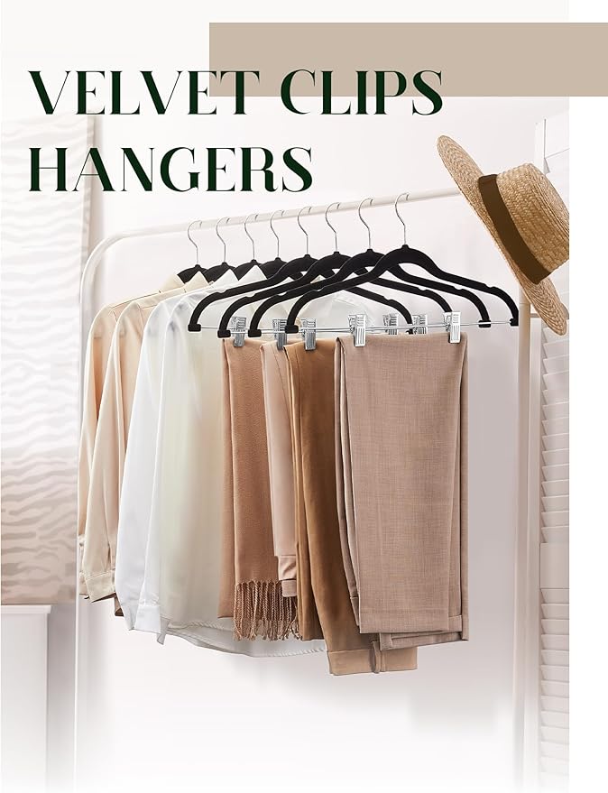 Cozymood Velvet Skirt Hangers 24 Packs Velvet Hangers with Clips Ultra Thin Non Slip Velvet Pants Hangers Space Saving Clothes Hanger for Trouser, Skirts, Jeans (Black)