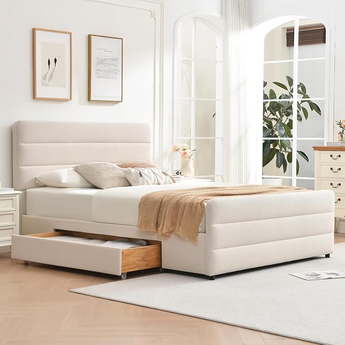 VELOCAVA Queen Size Upholstered Platform Bed with Tall Headboard and Footboard, 2 Side Storage Drawers, Modern Beige Fabric Bed Frame, No Box Spring Needed, Slatted Base Support, Easy Assembly