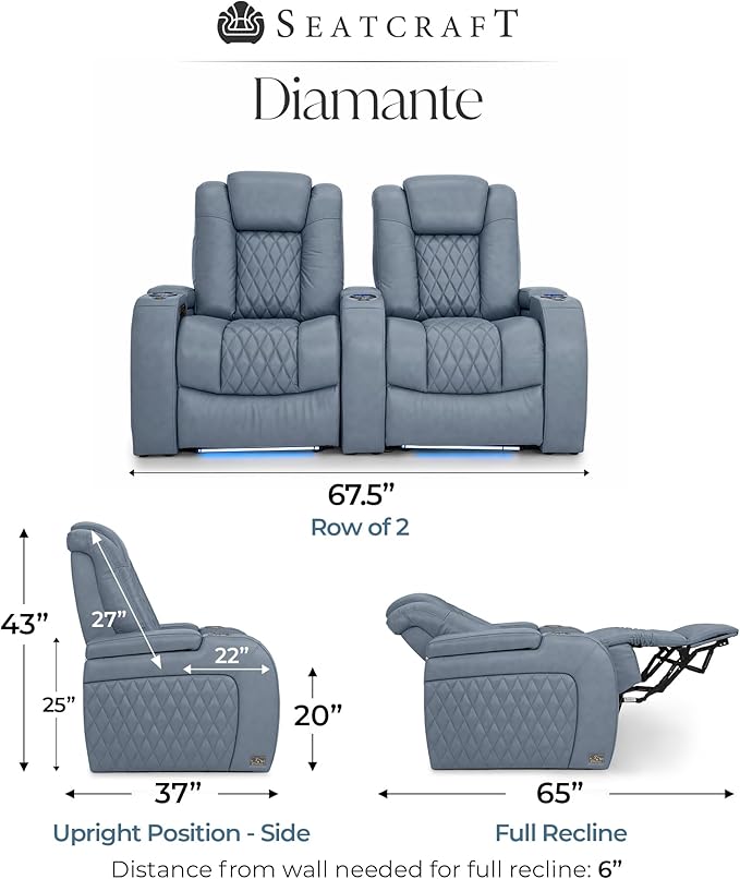 Seatcraft Diamante Zero-Gravity CoolZero Italian Leather Home Theater Seating, Power Headrest, Power Recline, Row of 2, Smokey Blue