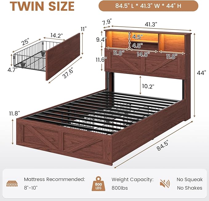 VIAGDO Farmhouse Bed Frame Twin Size with Bookcase Storage Headboard, Charging Station and LED Lights, Wooden Twin Bed Frames with 4 Drawers, Barn Door Design, No Box Spring Needed, Reddish Brown