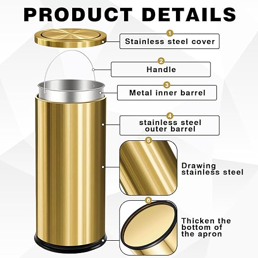 Maxdot 2 Pcs 8 Gallon/30 L Gold Lidded Trash Can and Toilet Brush Set, Garbage Bin with Flip Lid Commercial Compact Waste Basket for Bathroom Bedroom Office Shopping Centers, Elevator Doors, Hotels