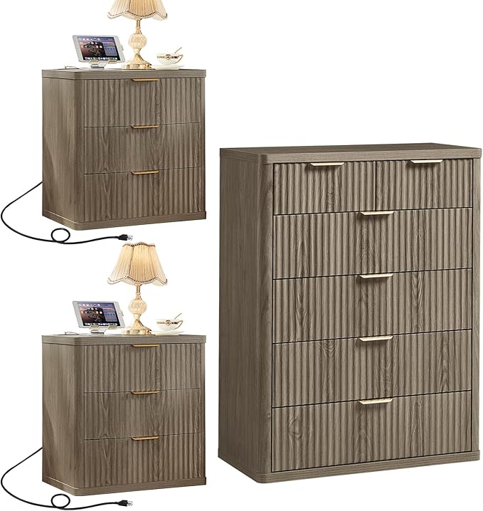 LEYAOYAO 42" Tall Fluted Dresser and 3 Drawers 23" Nightstand Set of 2, Wooden Dresser & Night Stand with Charging Station, 3 Piece Bedroom Furniture Set, Wood Chest of Drawer for Living Room,Grey