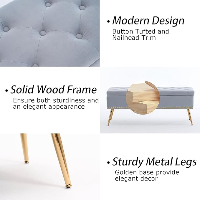 Velvet Storage Bench with Gold Legs& Nailhead Trim, 46" Wide Upholstered Modern Bedroom Bench for End of Bed, Tufted Ottoman for Entryway Living Room Dining Room (Gray, 46" Wide)
