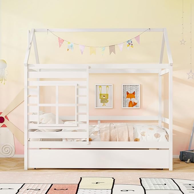 Giantex Twin House Bed with Trundle Bed Twin, Wooden Twin Bed Frames with Roof, Chimney & Window, Montessori House Bed with Safety Guardrails, House Trundle Bed for Kids, Boys, Girls, Teens (White)