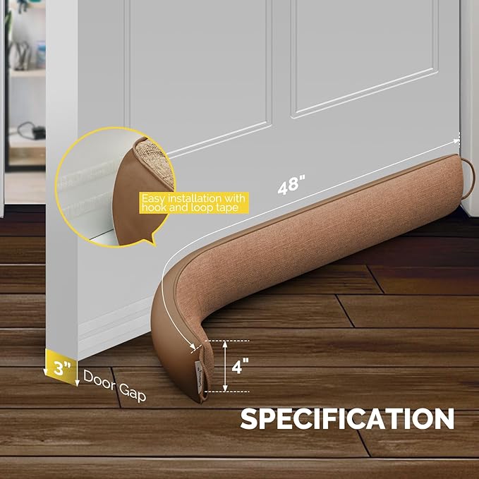 fowong Weighted Under Door Noise Stopper 48 Inch, Extra Long Draft Stopper for Bottom of Door Soundproof Noise Guard, Brown
