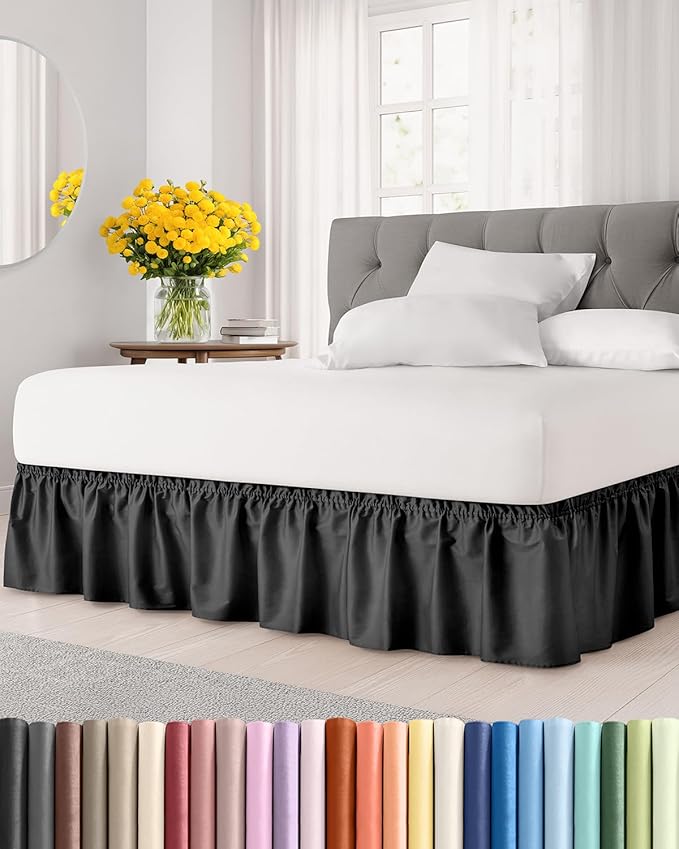 Wrap Around Dust Ruffle Bed Skirt - Black - for Queen Size Beds with 15 Inch Drop - Easy Fit Elastic Strap - Adjustable Pleated Bedskirt w/Brushed Fabric - Wrinkle Free - for Women, Men, Kids & Teens