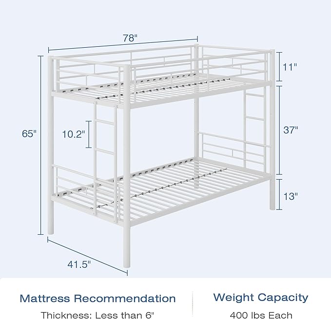 VECELO Bunk Bed Twin Over Twin, Metal Bunkbeds with Ladder and Full-Length Guardrail, No Box Spring Needed, Space Saving, Noise Free, White