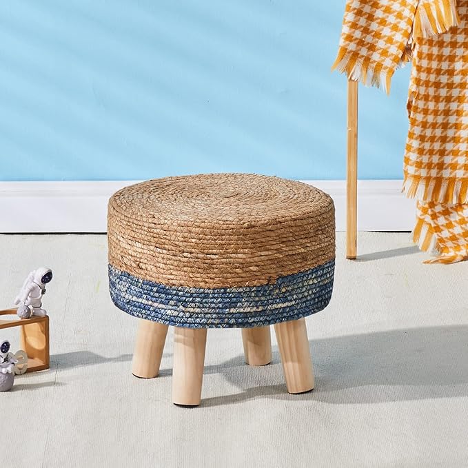 Wimarsbon Round Foot Stool Natural Seagrass Poufs Ottoman Hand Weave Footrest Stool for Couch Desk Extra Seat Step Stool with Solid Wood Legs for Hallway Patio Lounge Blue