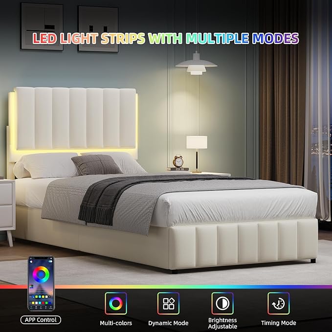 Twin Upholstered Bed Frame with LED Lights, Faux Leather Platform Bed with Headboard and Wooden Slats Support, No Box Spring Needed, Noise-Free, Easy Assembly, Cream