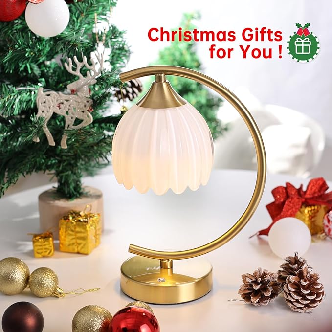 Tulip Table Lamp with 5200mAh Battery & Touch Control, Cordless Lamp with 3 Color Temperatures Clear Bulb, Rechargeable Small Table Lamps for Living Room, Bedside, Nightstand (White Tulip)