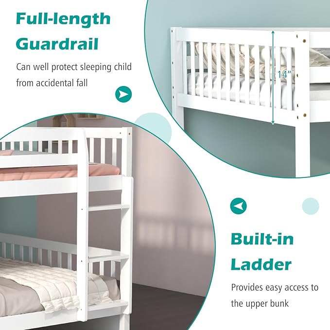 Giantex Full Over Full Bunk Bed with Trundle, Solid Wood Trundle Bed Frame w/Guardrails and Ladder, Convertible to 2 Beds, Full Size Bunk Beds for Adults Kids Teens, No Box Spring Needed, White