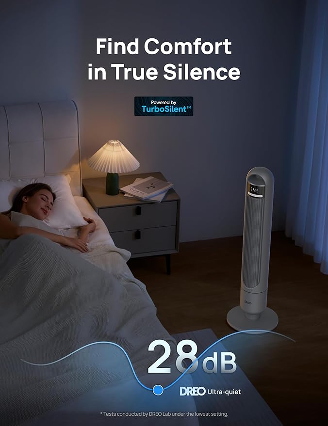 Dreo Tower Fan for Bedroom, 4 Speeds, 3 Modes Standing Fans for Room with 90° wide Oscillating, 28dB Quiet for Sleep, 25ft/s Velocity, 29ft Coverage, 8H Timer, Remote, Living Room, Office, Home, Grey