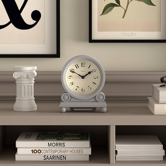JONES CLOCKS® Maida Vale Mantel Clock | Small Traditional Desk Clock | Gray | Pretty & Charming Ideal for Mantelpiece, Bookshelf or Bedside