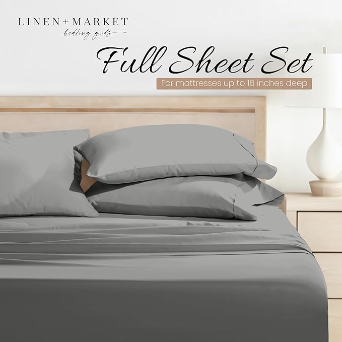 Linen Market Brushed Microfiber Full Sheet Set 4 Piece – Oeko-TEX Certified Ultra Soft & Wrinkle-Free - 16" Deep Pocket Sheets - Easy Care Full Size - Gray