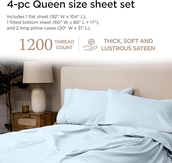 Threadmill Supima Cotton Queen Sheet Set, 1200 Thread Count for Queen Mattresses, 4 Piece American Luxury Bed Sheets, Sateen Hotel Quality Sheets with Elasticized Deep Pocket, Light Blue