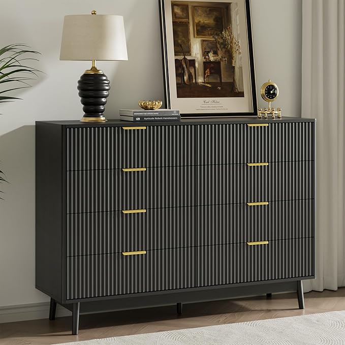 LYNSOM Fluted 8 Drawer Dresser for Bedroom, 55" Wide Modern Chest of Drawers with Curved Profile Design and Metal Handles, Wood Dresser TV Stand & Storage Organizer for Bedroom, Hallway, Black