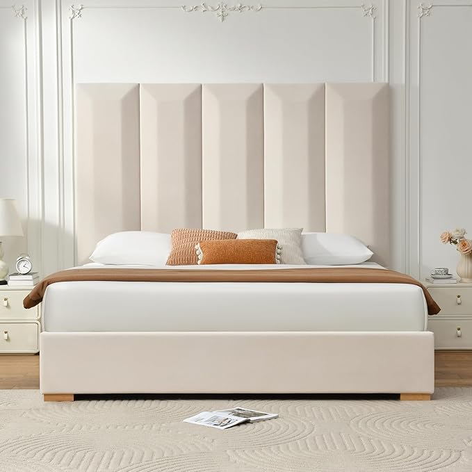VELOCAVA King Size Upholstered Bed Frame with Extra Tall 71.5" 3D Geometric Headboard, Velvet-Like Fabric, 2 Storage Drawers, 45 Wooden Slats, Adjustable Center Support, No Box Spring Needed, Beige