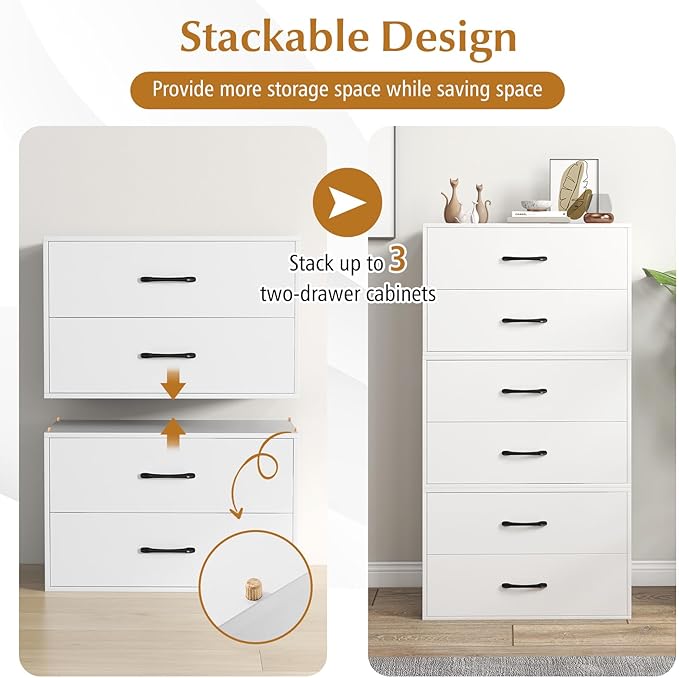 Giantex Stackable 2-Drawer Dressers for Bedroom - Short Dresser Two Drawer Storage Cabinet w/Handles & Anti-Topping Device, Small Dresser Chest of 2 Drawers for Closet Bedroom (1, White)
