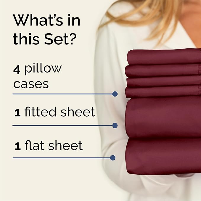 Cal King 6 Piece Sheet Set - Cooling, Comfy & Breathable - Hotel Luxury Bedding, Includes Fitted Sheet for Women, Men, Kids & Teens - 1 Flat, 1 Fitted Sheet, 4 Pillowcases w/Deep Pockets - Burgundy