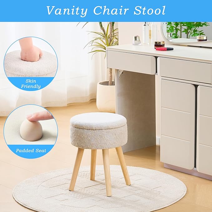Mxfurhawa Storage Ottoman Velvet Round Vanity Stool Tray Top Modern Foot Stool with Wood Legs Multifunctional Upholstered Foot Ottoman Rest for Living Room, Bathroom