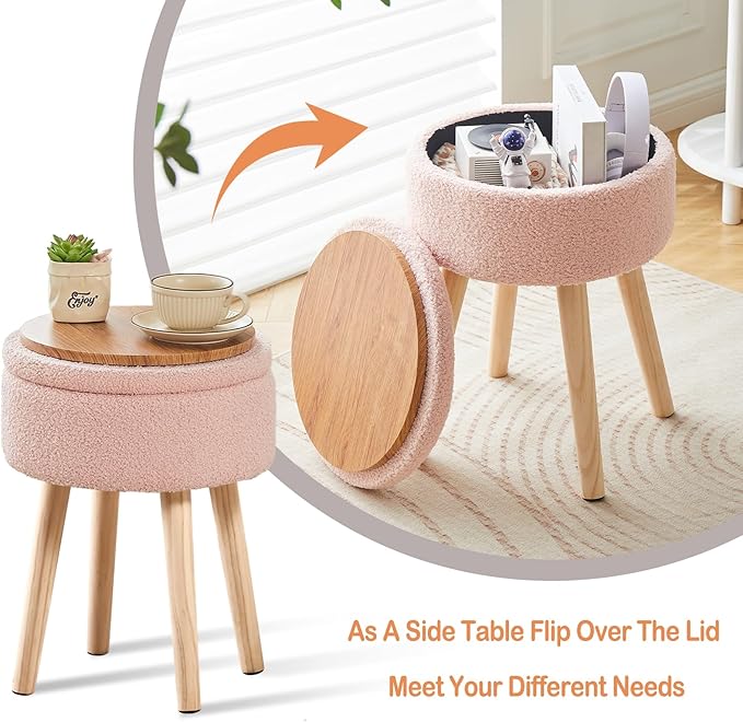 Mxfurhawa Storage Ottoman Foot Stool Teddy Velvet Round Vanity Stool Tray Top Footstool with Wood Legs Upholstered Foot Rest Ottoman for Living Room, Bathroom, Makeup (Pink)