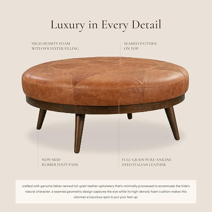 POLY & BARK Gio Ottoman – 30” Round with Feather-Down Topper – Full-Grain Leather Upholstery – Couch Ottoman for Living Room – Vintage Italian Leather in Cognac Tan