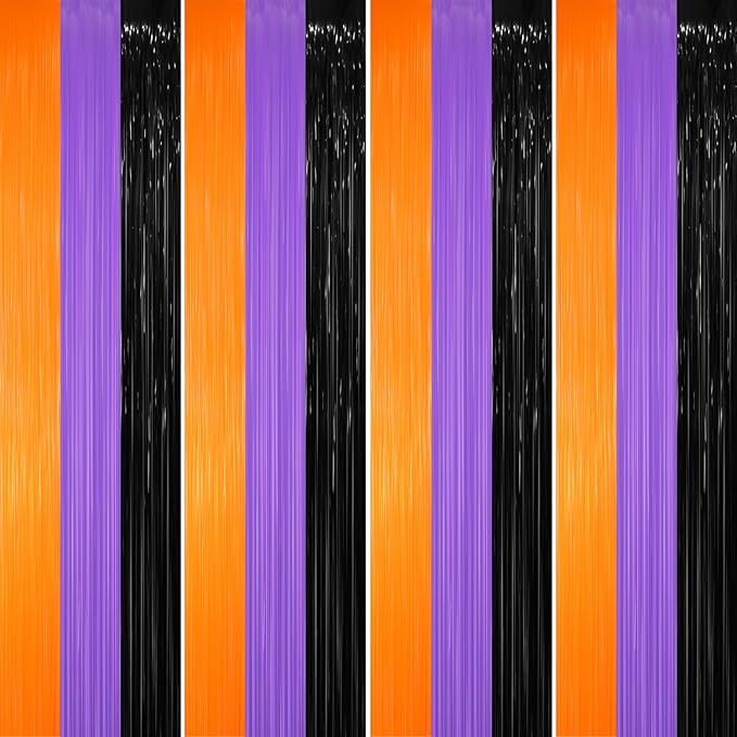 GOER 3.2 ft x 8.2 ft Metallic Tinsel Foil Fringe Party Backdrop for Halloween Birthday Graduation New Year's Party Decorations(4 Packs,Black&Orange&Purple)
