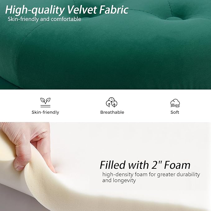Velvet Storage Bench for Bedroom, Modern Tufted End of Bed Bench for King Size Bed, Upholstered Long Ottoman Bench with Gold Legs for Living Room/Entryway (Green, 55" W)